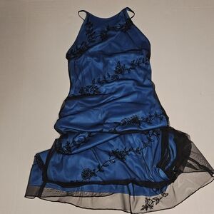 Elegant Blue Dress with Black Floral Embroidery